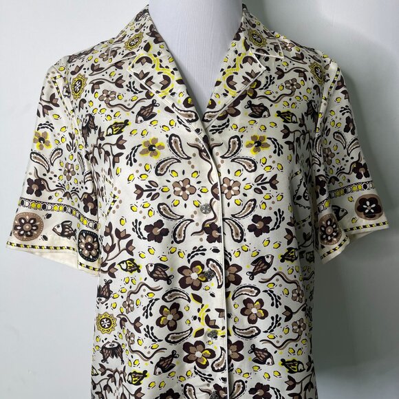 Tory Burch Women's White Brown Button Down Short Sleeve Pattern Shirt Silk 0 - Picture 2 of 10
